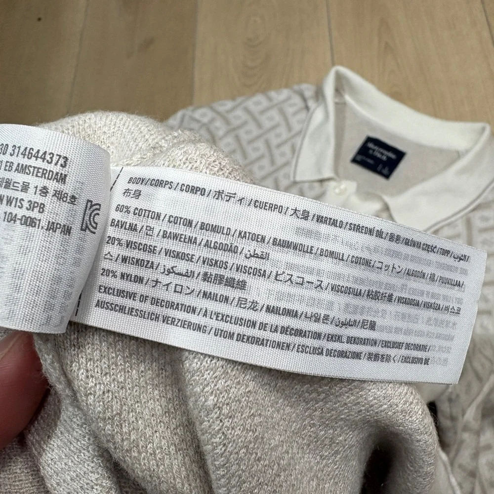 Abercrombie & Fitch Mens Large Geometric Knit Sweater Polo Shirt Cream Tan L